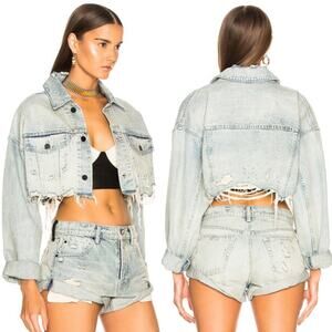 Alexander Wang Blaze Crop Distressed Denim Jacket Vintage Bleach Size Small